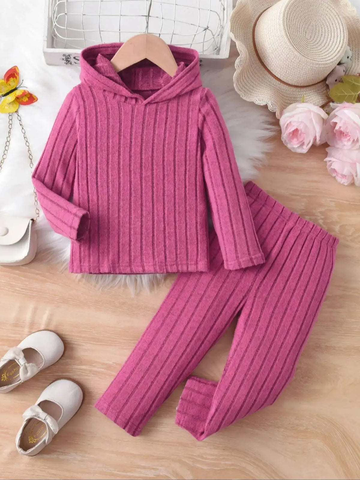 Girls' Casual hooded Ribbed Set Of 2 Pieces,