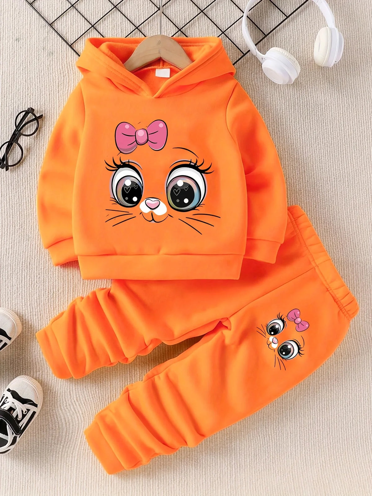 Orange Cute Face Print Hooded Fleece Sweatshirt