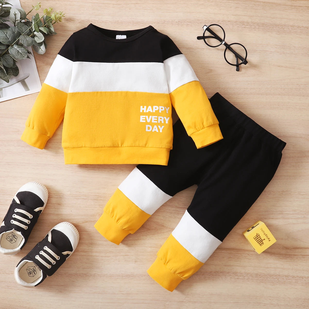 Yellow Color Blocked Long Sleeve Pants 2pcs/Set
