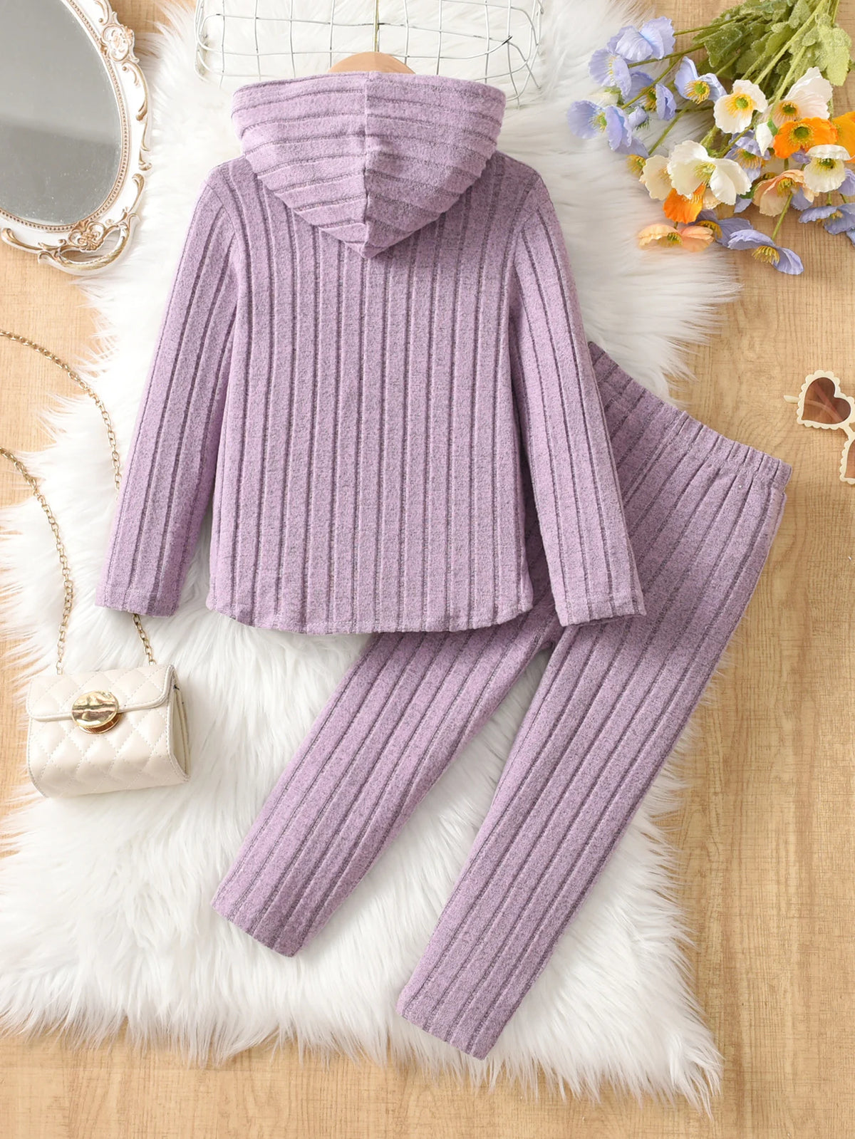 Girls' Casual hooded Ribbed Set Of 2 Pieces,