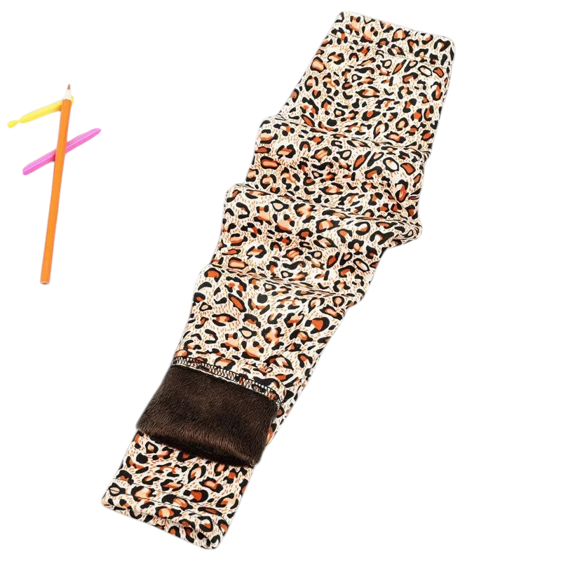Kcoral Kids winter leggings for girls featuring a brown leopard print pattern with a warm, thick velvet lining.