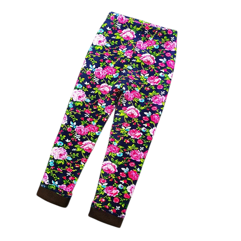 Kcoral Kids winter leggings for girls featuring a vibrant floral pattern on a dark background with a warm velvet lining.