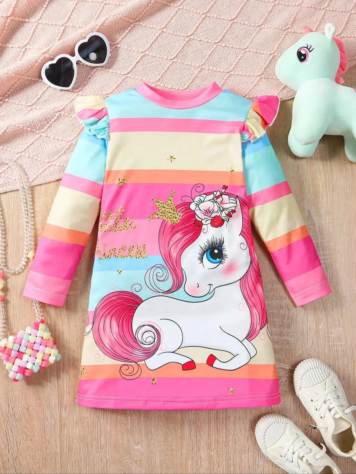 Girls' Fashion Casual Cartoon Unicorn Printed Knitted Fabric Round Neck Long Sleeve Dress Spring and Autumn