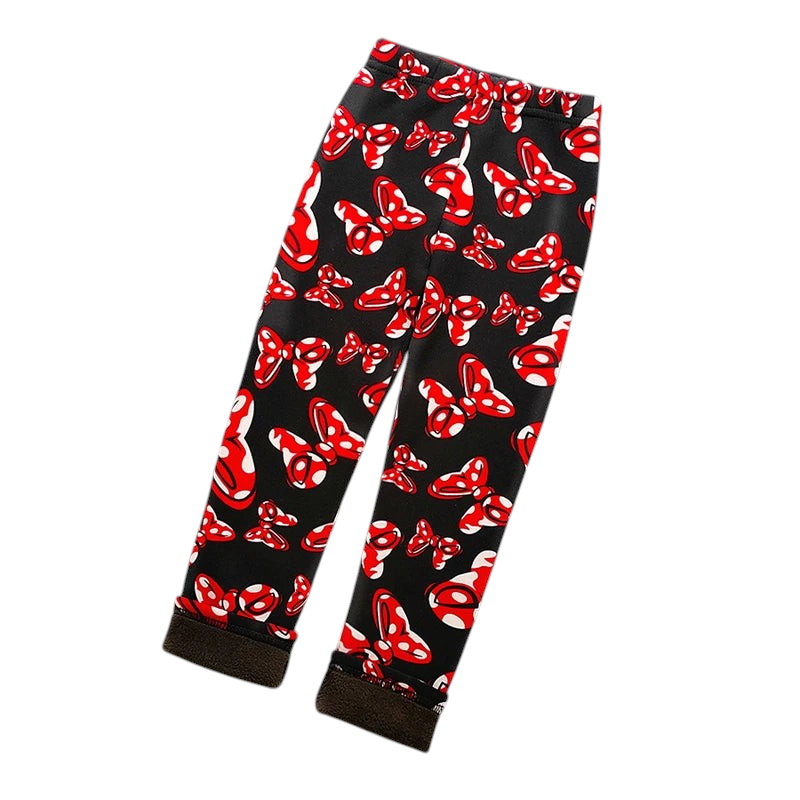 Kcoral Kids winter leggings in black with a red and white bow pattern, featuring a thick warm velvet lining.