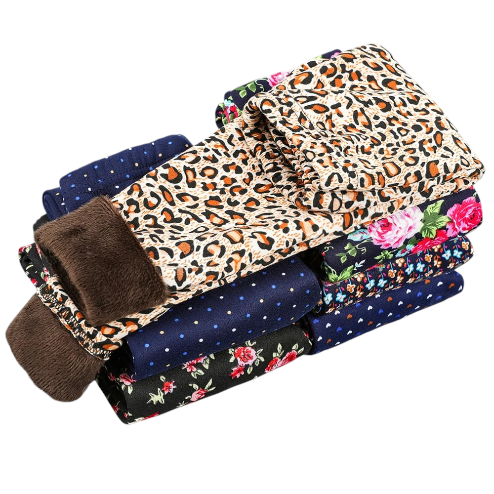Kcoral Kids winter leggings featuring various cartoon, floral, and leopard prints with a warm plush velvet lining.