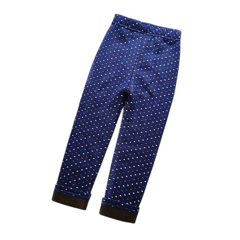 Kcoral Kids navy blue winter leggings with small heart patterns, featuring a thick, soft velvet lining for warmth.