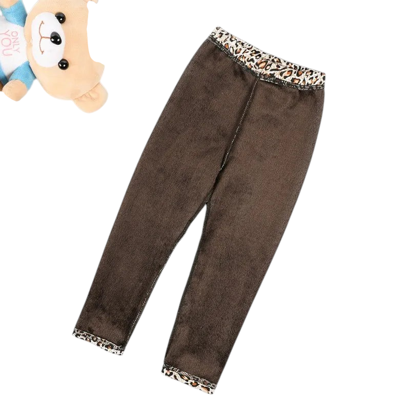 Kcoral Kids brown velvet-lined winter leggings for children with leopard print waistband and cuffs.