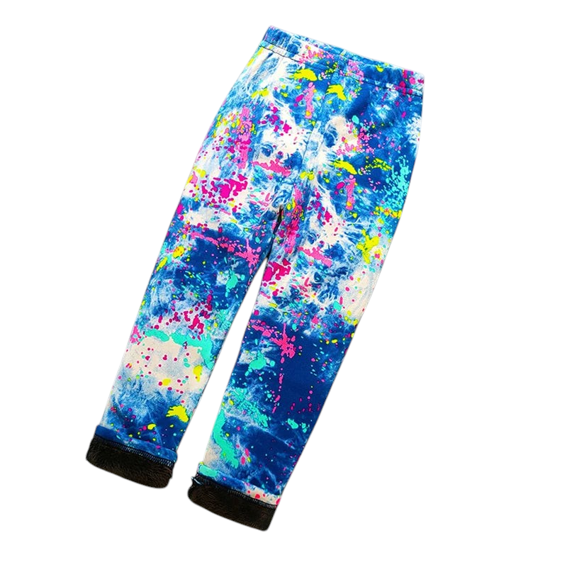 Kcoral Kids winter leggings featuring a vibrant blue paint splatter pattern with a warm plush velvet lining