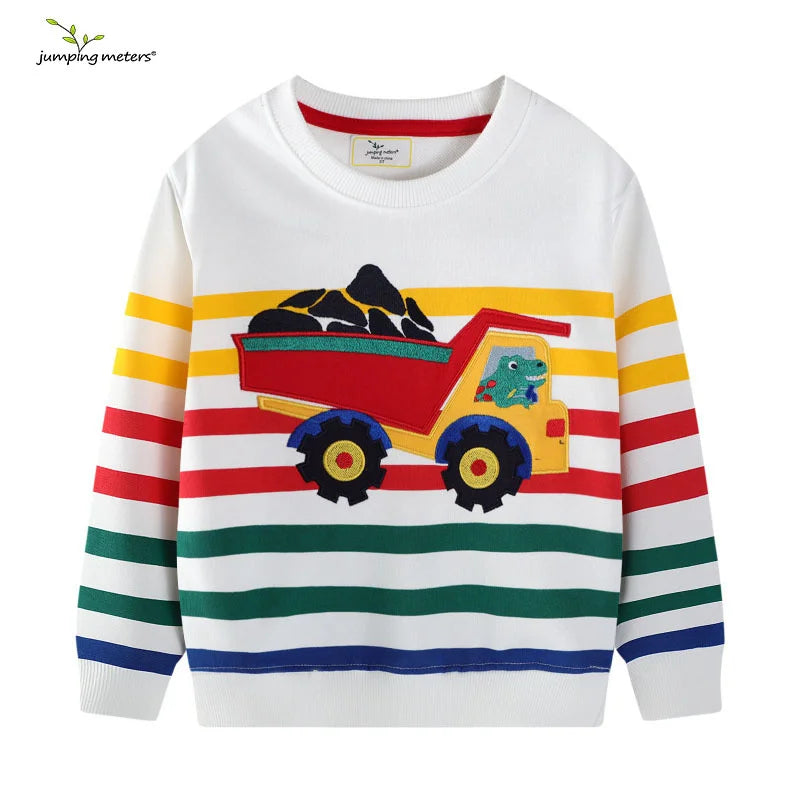 Children's sweater with colorful stripes and a truck design on a white background