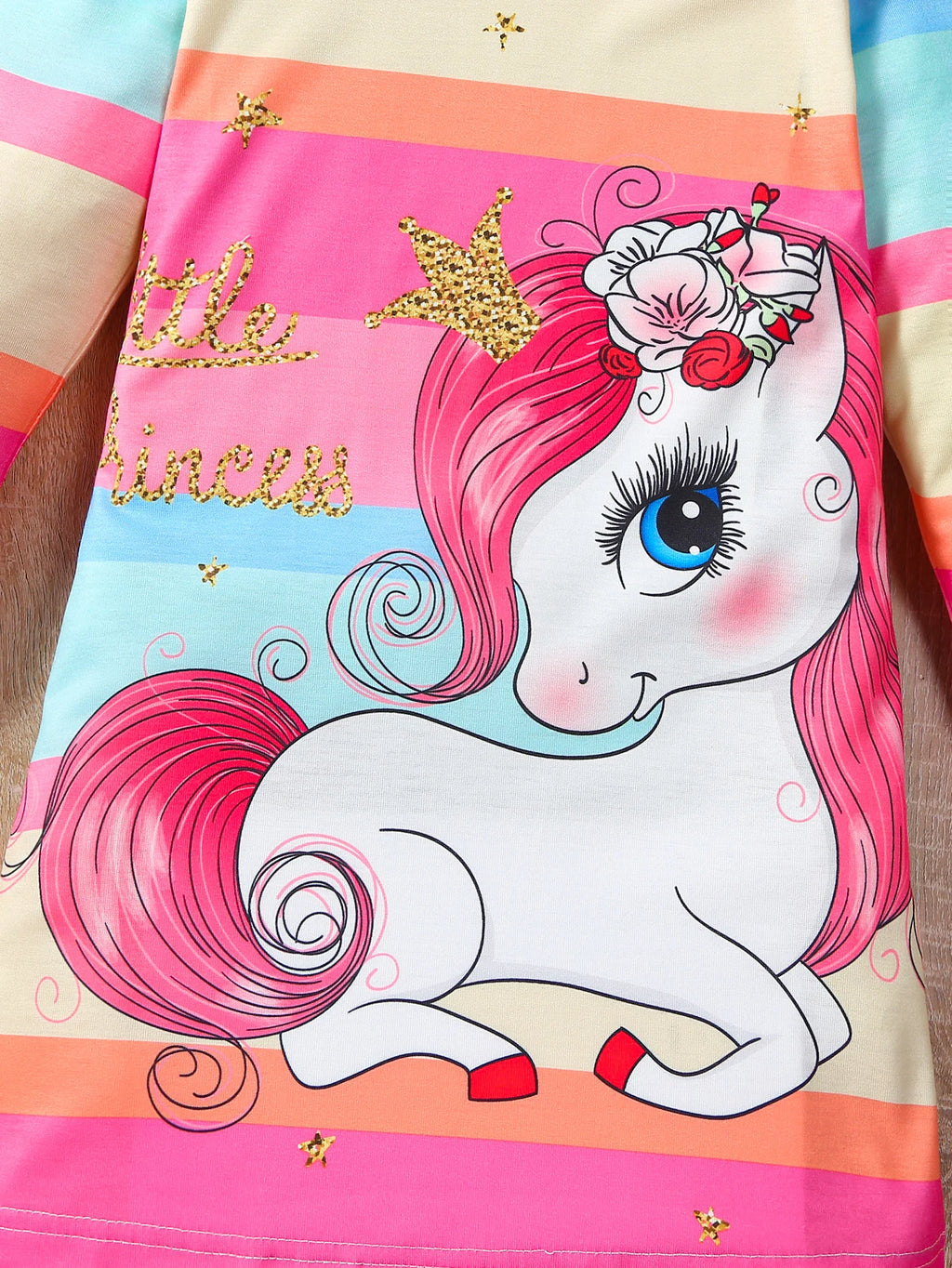 Girls' Fashion Casual Cartoon Unicorn Printed Knitted Fabric Round Neck Long Sleeve Dress Spring and Autumn
