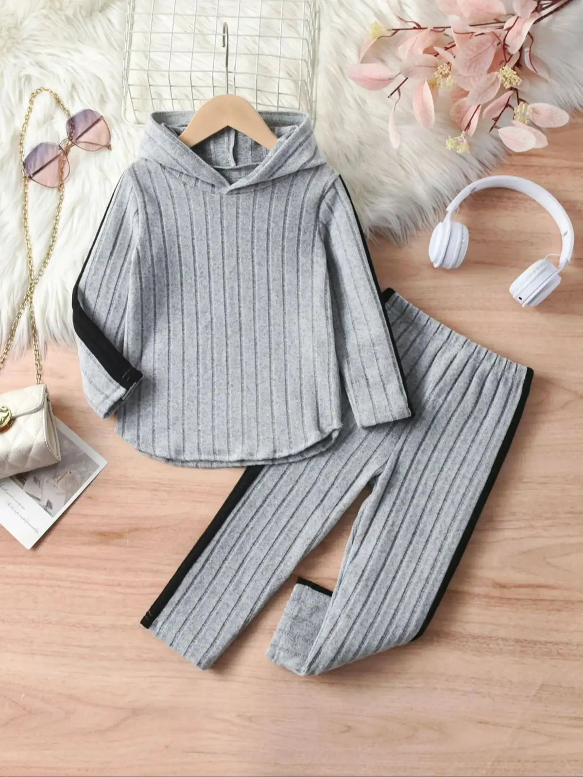 Girls' Casual hooded Ribbed Set Of 2 Pieces,