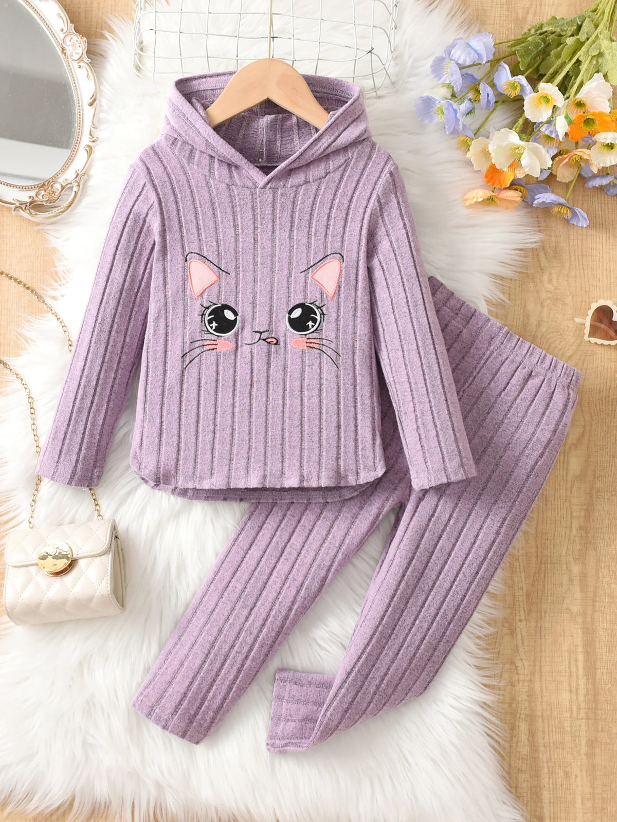 Girls' Casual hooded Ribbed Set Of 2 Pieces,