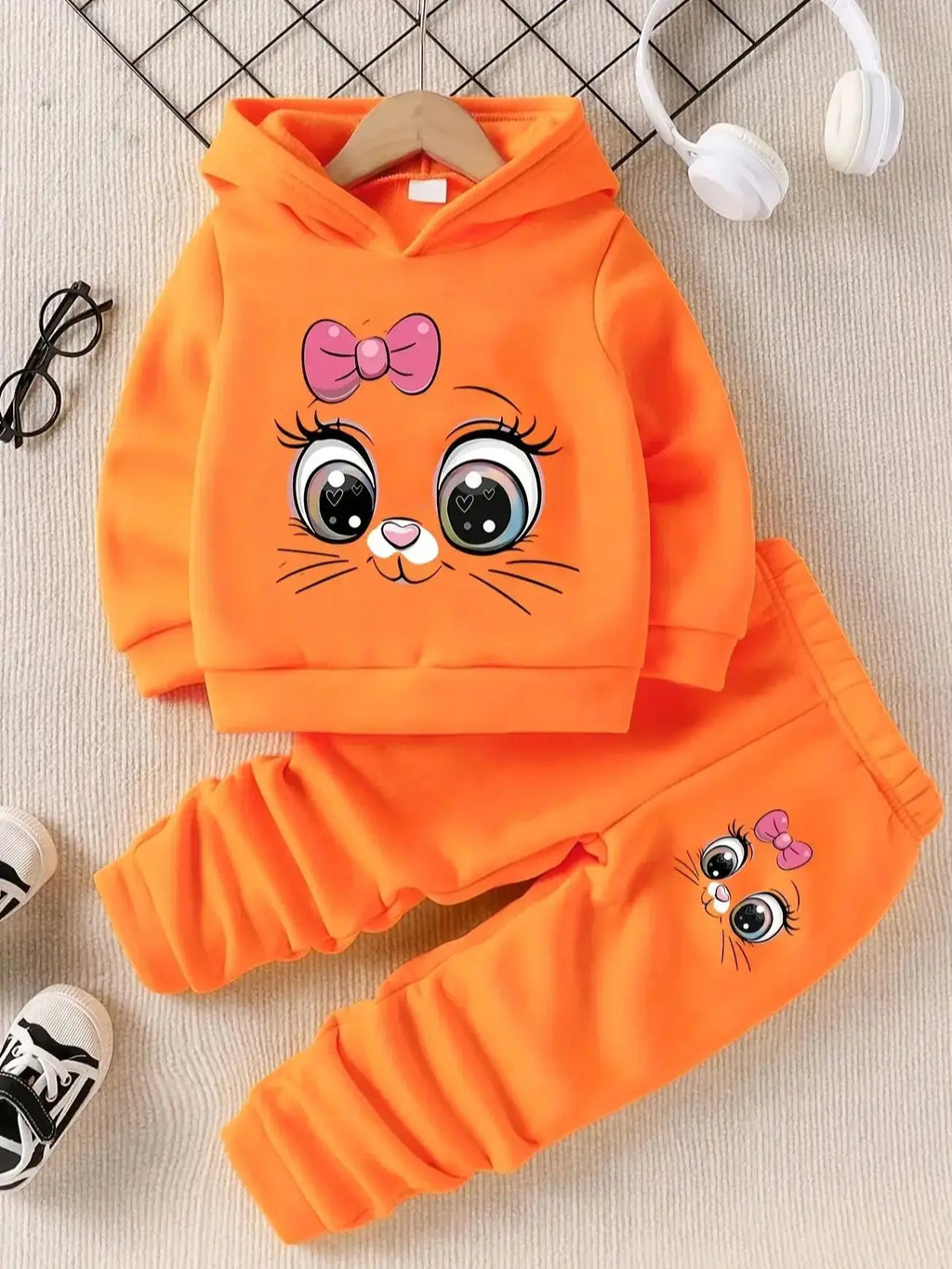 Orange Cute Face Print Hooded Fleece Sweatshirt