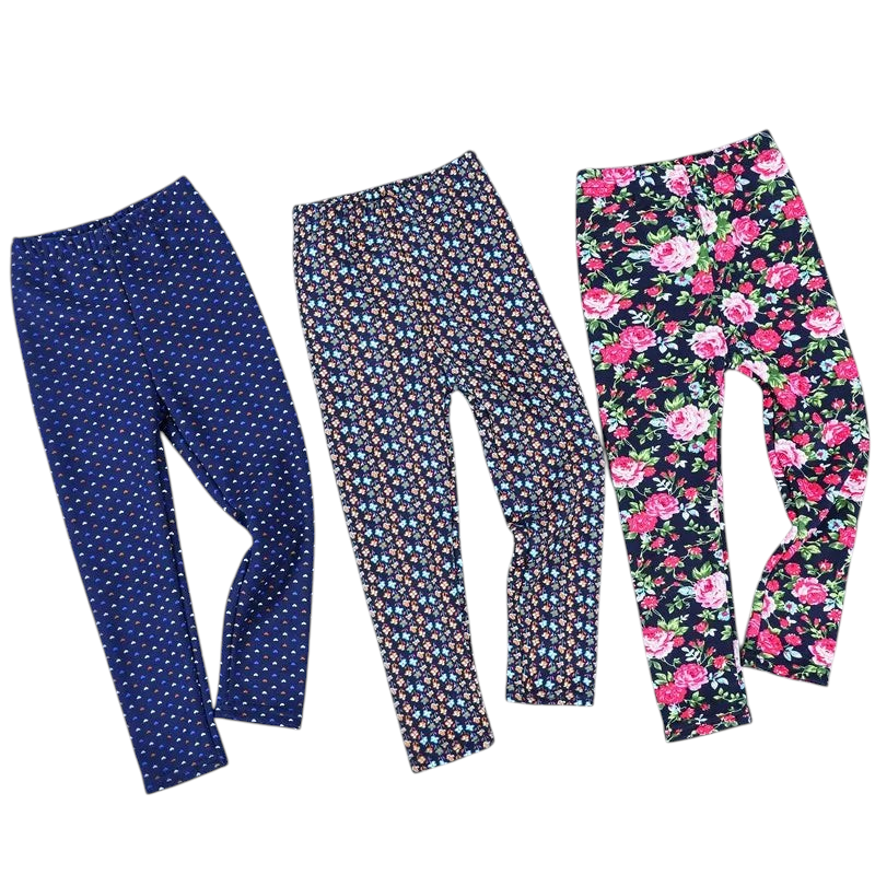 Kcoral Kids winter leggings for girls featuring three different floral and patterned designs with a warm velvet lining