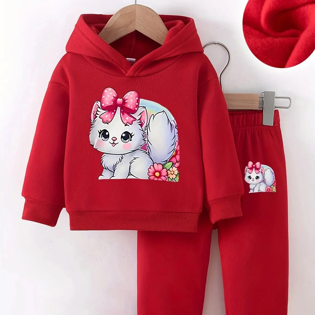 Two-piece cartoon animal fleece hoodie and long pants set for newborn baby girls in autumn and winter