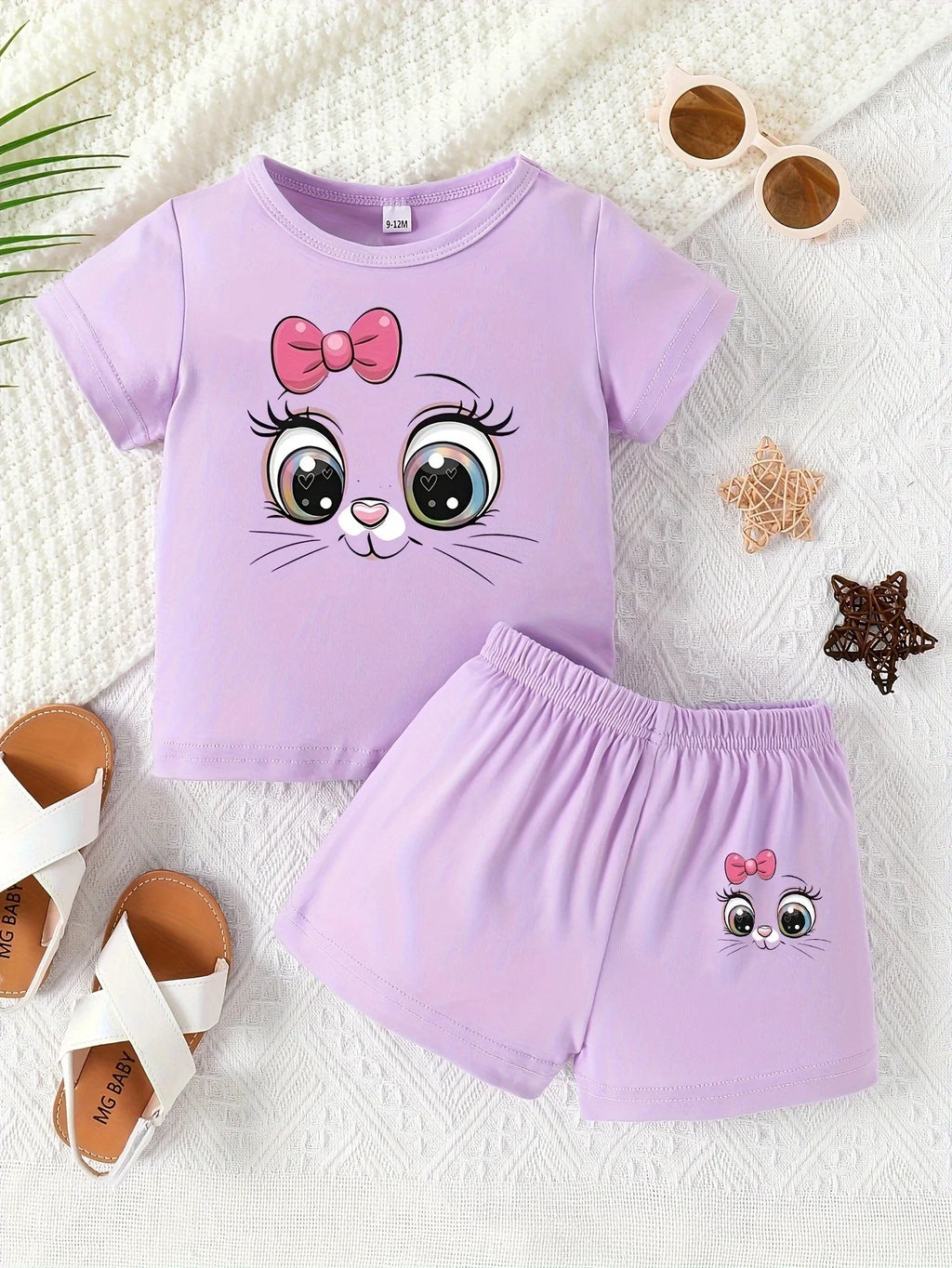 Purple cute cartoon cat  two-piece  short set