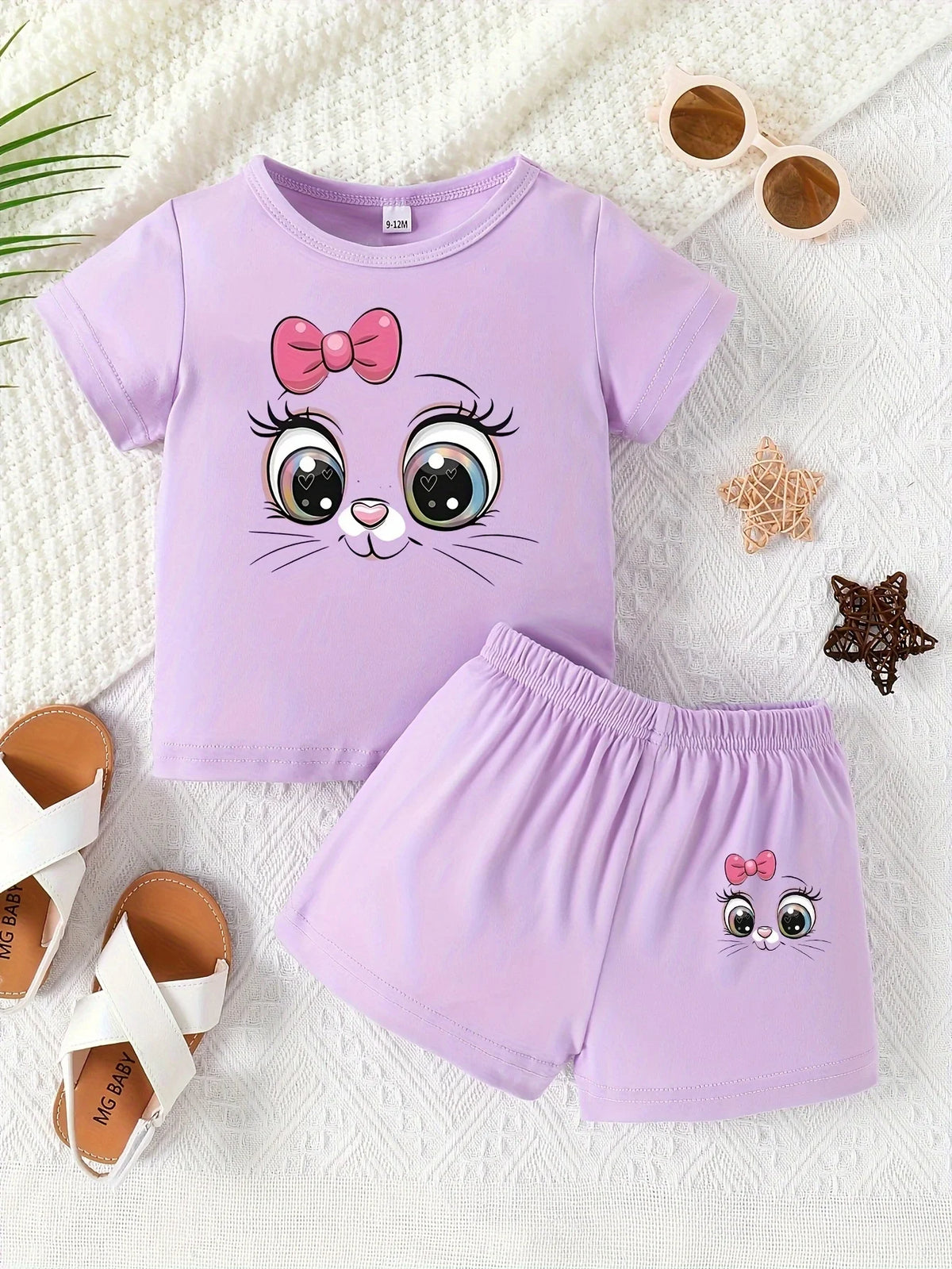 Purple cute cartoon cat  two-piece  short set