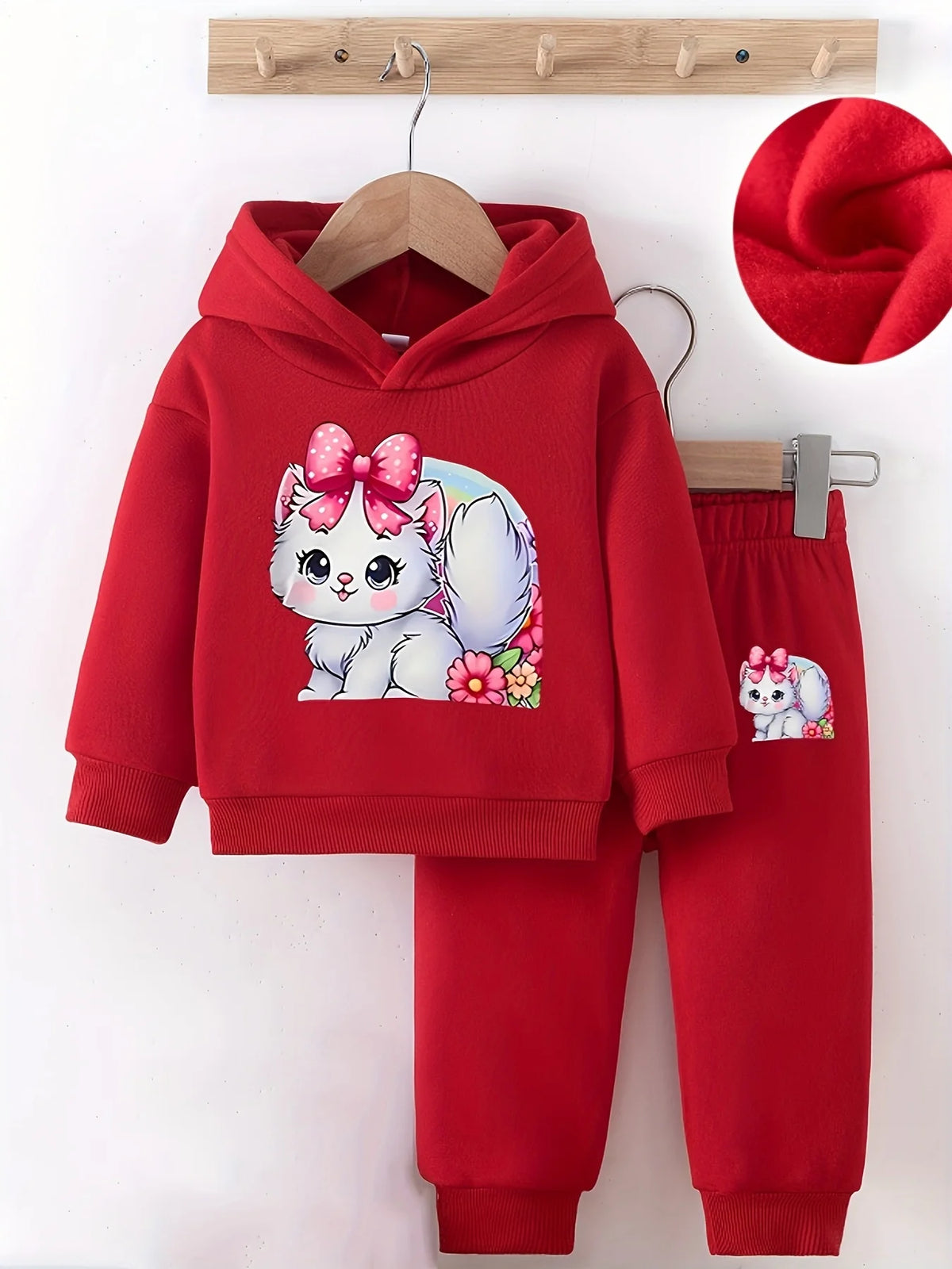 Two-piece cartoon animal fleece hoodie and long pants set for newborn baby girls in autumn and winter