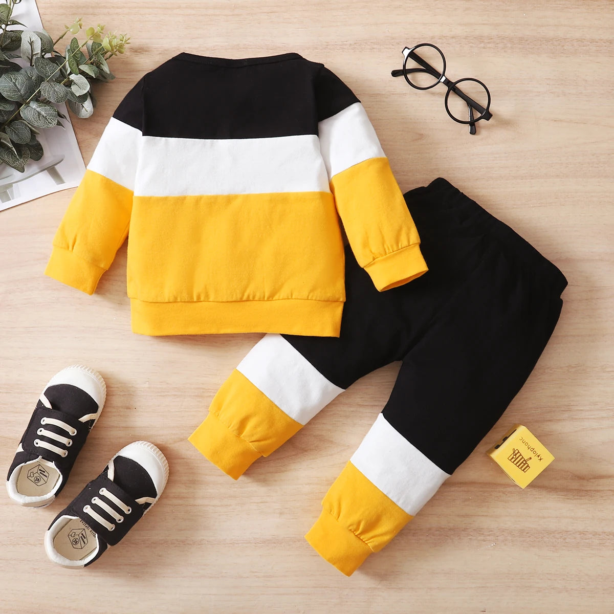 Yellow Color Blocked Long Sleeve Pants 2pcs/Set