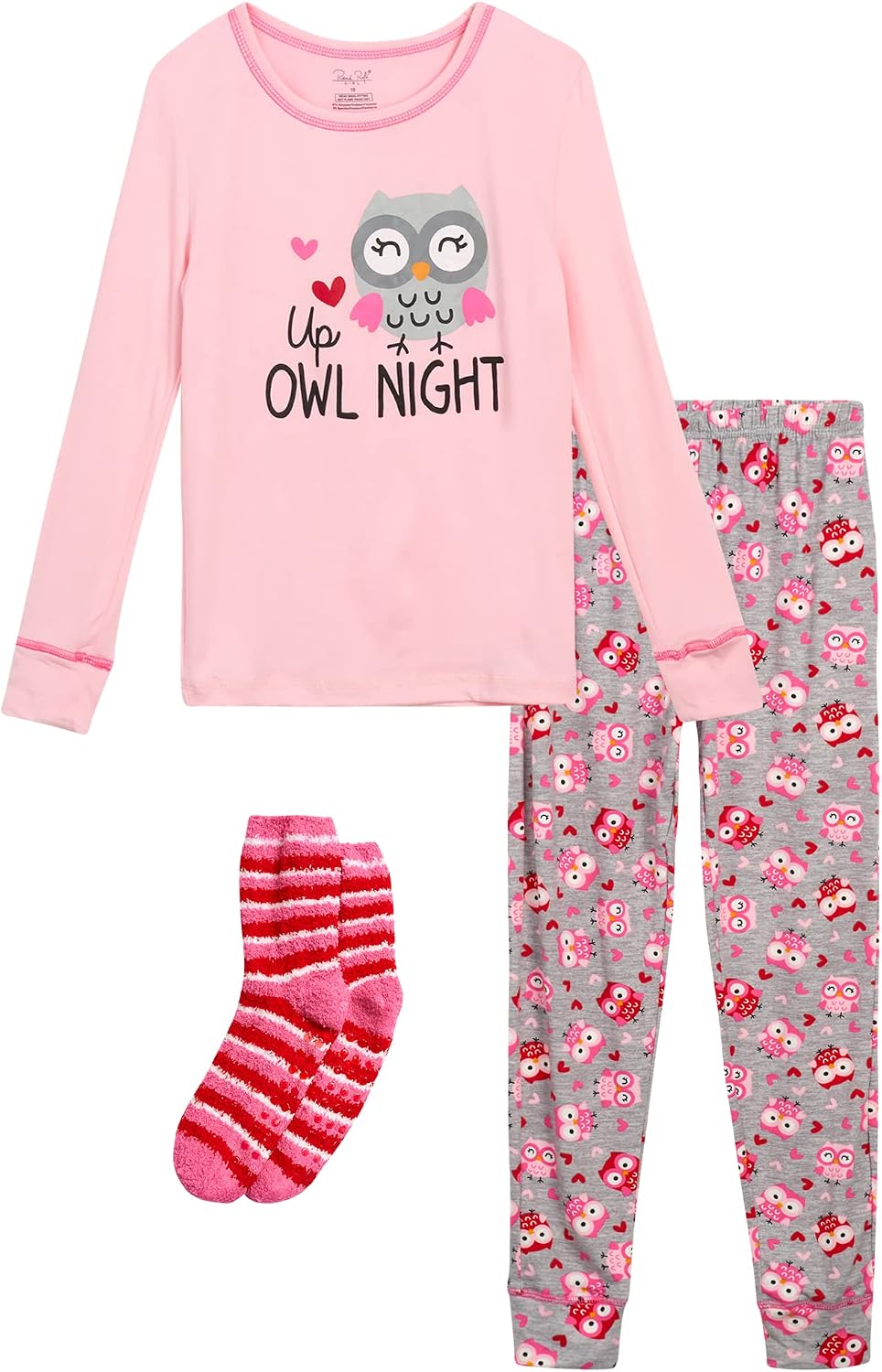 Kid girls pajama set featuring a pink long sleeve top with owl graphic and grey owl print pants with socks