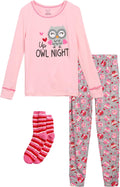 Kid girls pajama set featuring a pink long sleeve top with owl graphic and grey owl print pants with socks