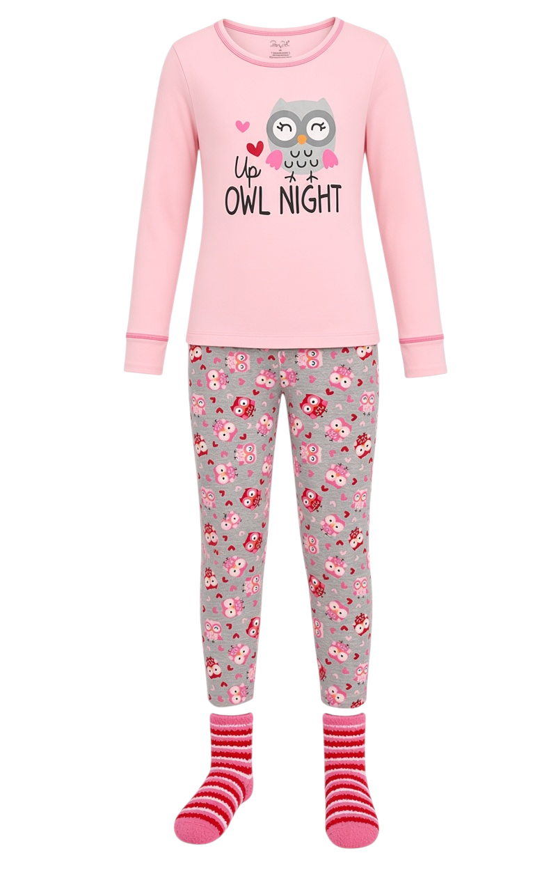 Kcoral Kids girls pajama set featuring a pink long sleeve owl top, grey owl print pants, and matching striped socks.