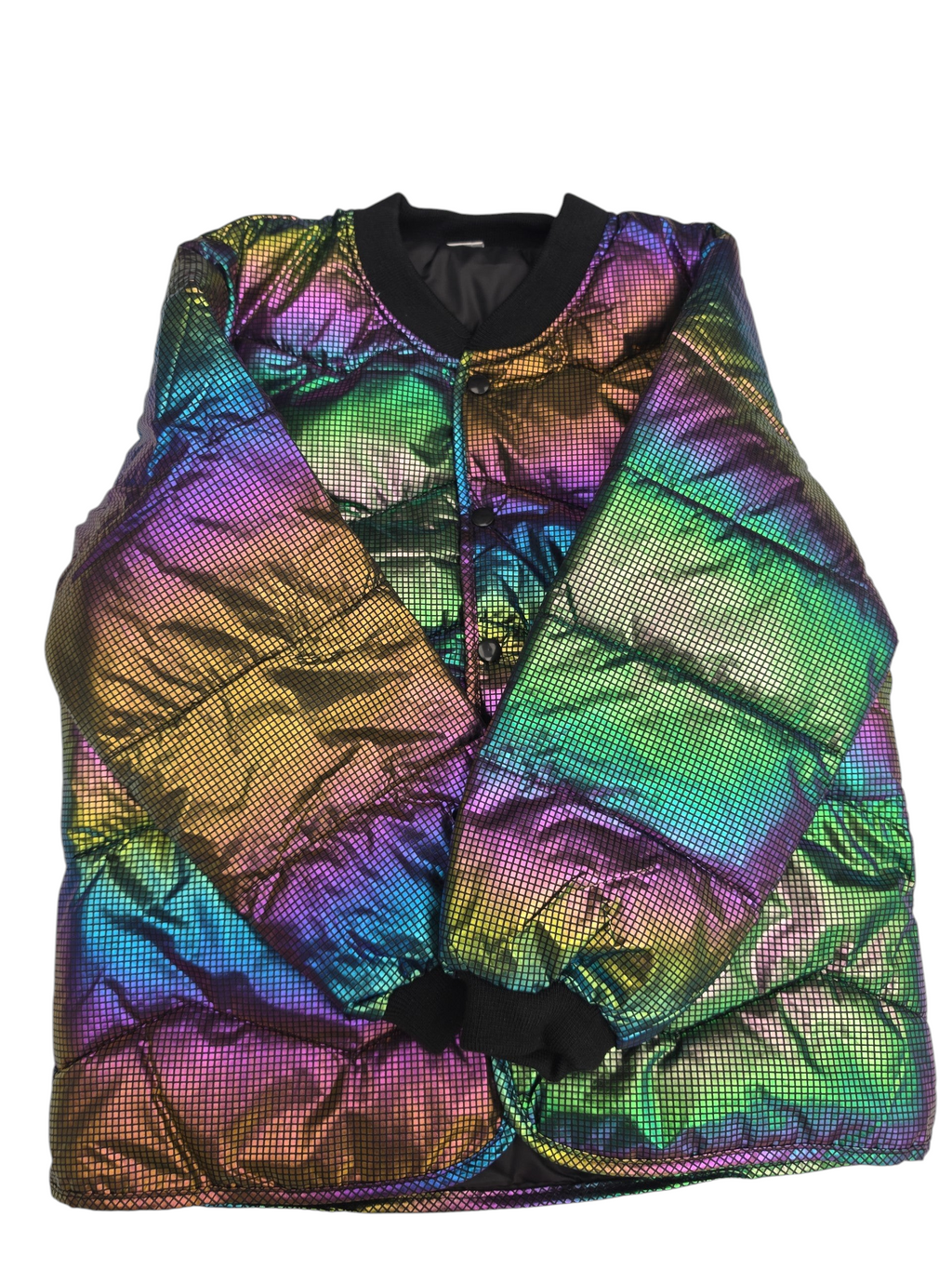 Kcoral Kids iridescent holographic quilted bomber jacket with black ribbed collar and cuffs for kids