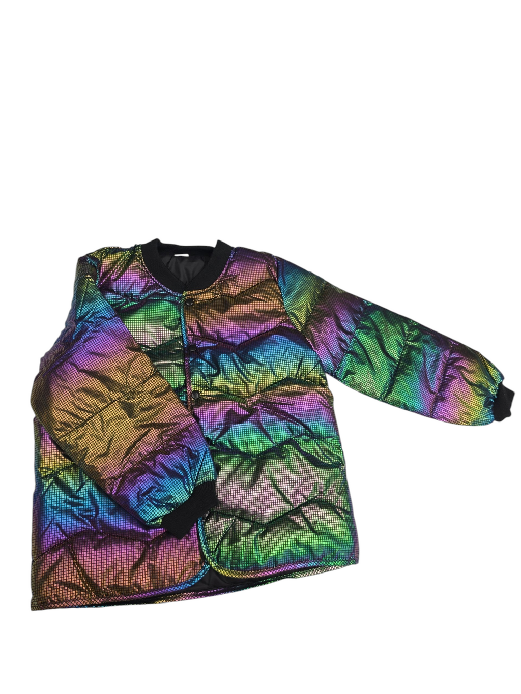 Kcoral Kids iridescent holographic quilted bomber jacket for kids with black ribbed collar and cuffs