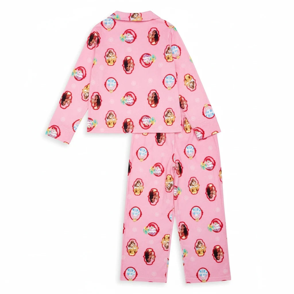 Kcoral Kids pink Disney Princess cotton pajama set with long sleeves and matching pants featuring character prints