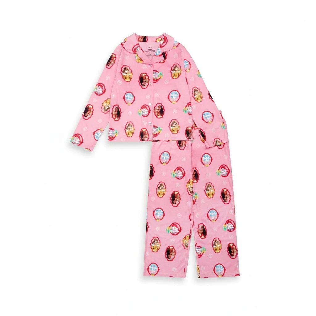 Kcoral Kids pink Disney Princess pajama set featuring a button-down long-sleeve top and matching pants in soft cotton.