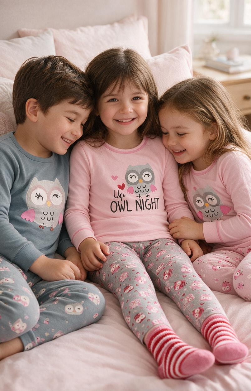 Kids pajama sets featuring cute owl prints on soft long-sleeve tops and pants worn by three happy children